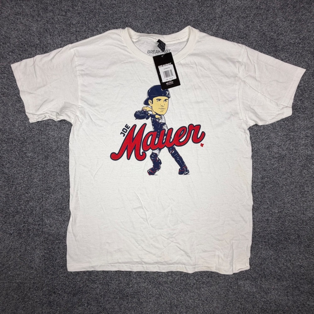 BreakingT Joe Mauer Minnesota Twins Youth Large T-Shirt White Caricature Graphic